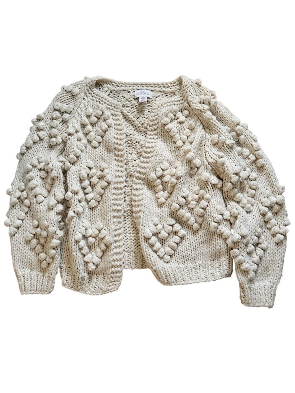 Urban Outfitters Cream Heart Pom Pom Open Front Cardigan Sweater Womens Medium